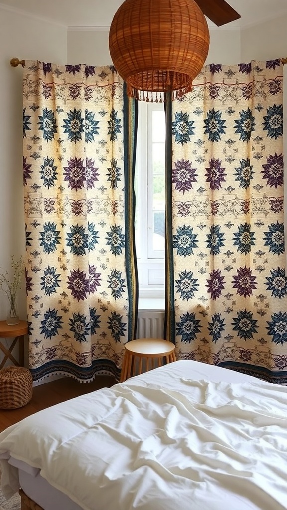 Bohemian style bedroom with unique printed blackout curtains and natural decor elements.