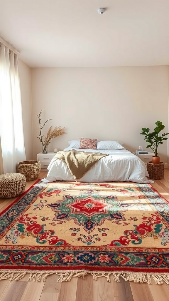A beige aesthetic bedroom featuring a colorful bohemian rug on a wooden floor.