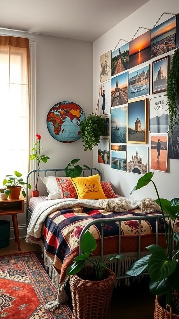A cozy bedroom featuring a bohemian style picture collage on the wall, with plants and colorful decor.