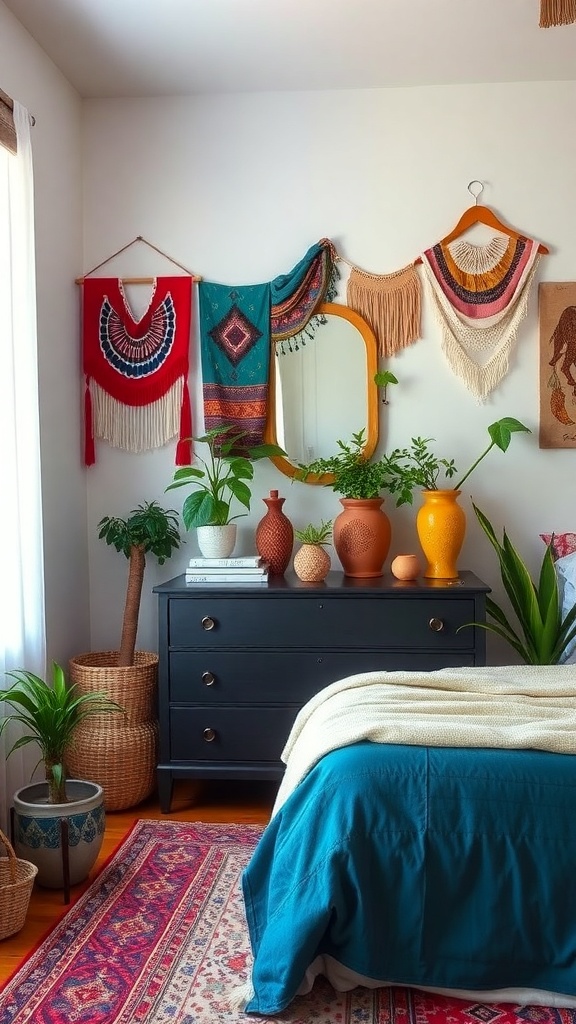 A cozy bedroom featuring a black dresser, colorful wall hangings, plants, and a vibrant rug.