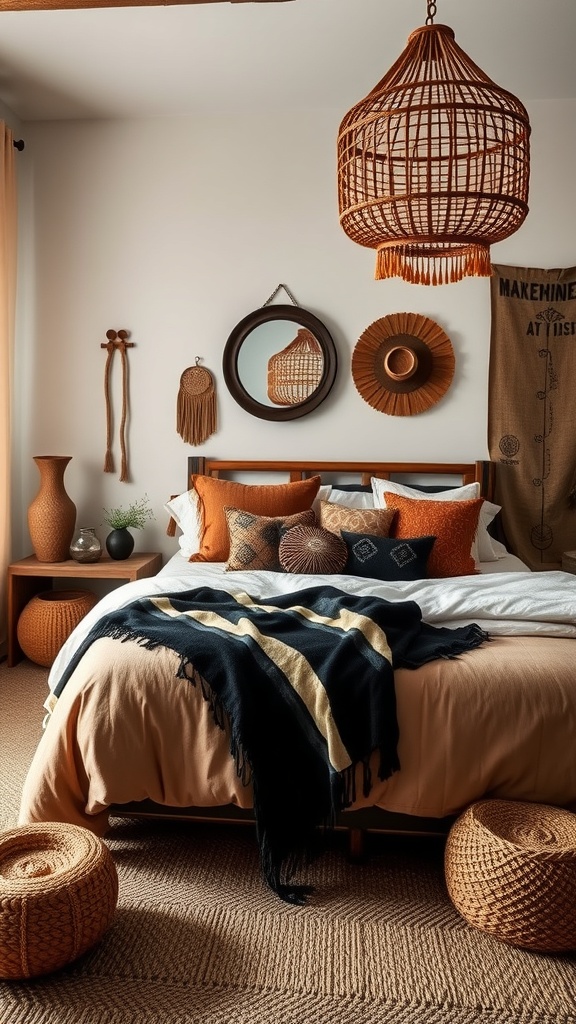 A cozy bedroom featuring earthy colors with a bohemian style, showcasing a bed with a fringed blanket, decorative pillows, woven light fixtures, and wall art.