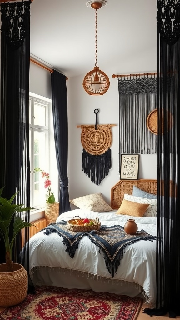 A cozy bedroom featuring black macrame curtains, a bed with light bedding, and bohemian decor elements.