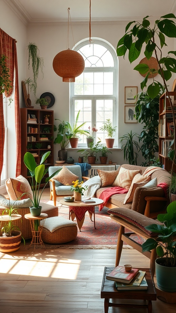 A cozy and colorful bohemian living room with plants, cushions, and natural light.