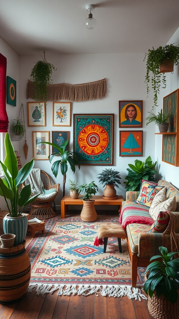 A cozy living room showcasing bohemian decor with vibrant artwork, plants, and eclectic furniture.