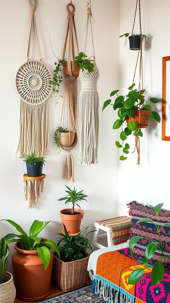 A cozy corner featuring macrame wall hangings, plants, and colorful textiles.