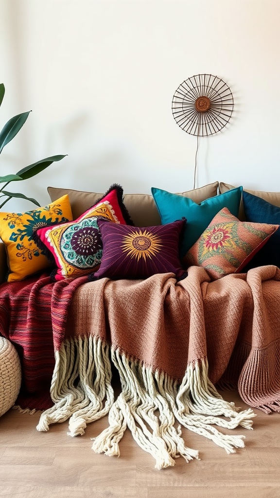 A cozy living room with colorful textured throws and pillows on a sofa, showcasing a bohemian aesthetic.