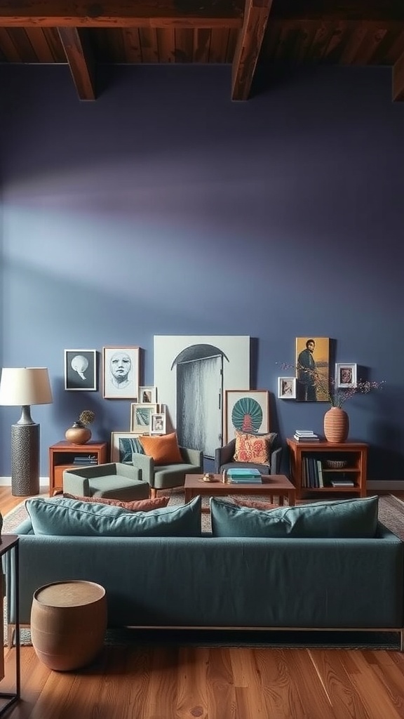 A living room featuring a bold blue accent wall with various artworks, comfortable seating, and wooden furniture.