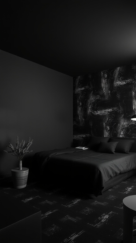 A black bedroom with a textured accent wall, featuring a bed and minimal decor.
