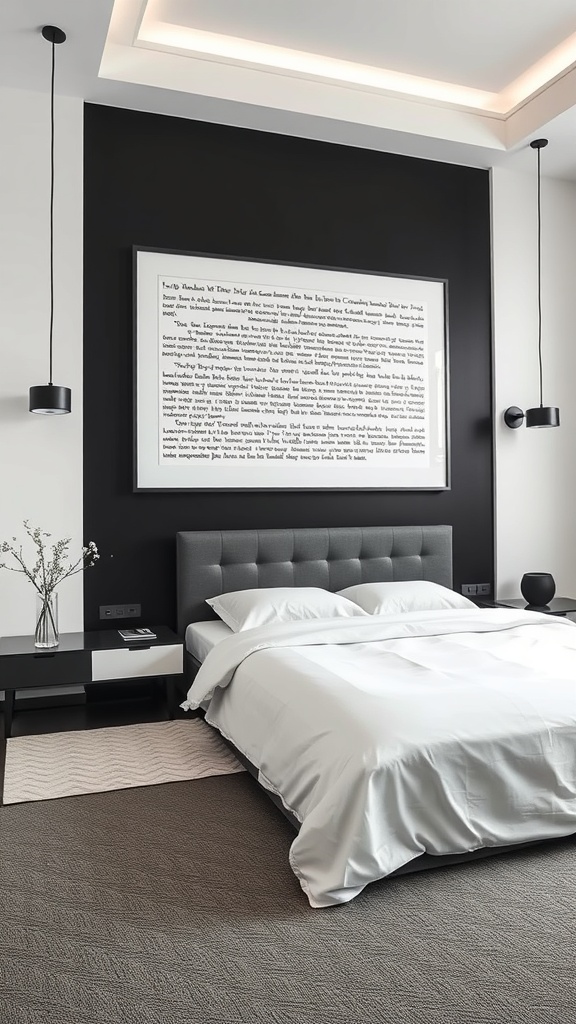 A modern bedroom featuring a bold black accent wall with large artwork, white bedding, and stylish furniture.