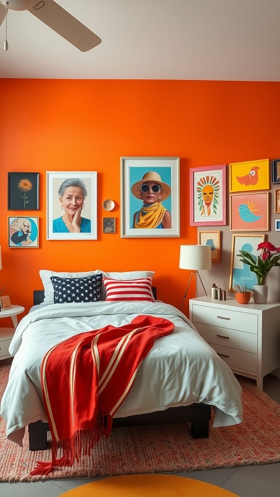 A bedroom with a bold orange accent wall, featuring various colorful art pieces and a neatly made bed with red and white striped pillows.