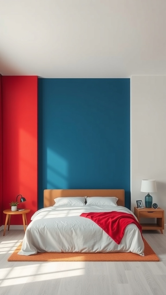 A stylish bedroom featuring a bold red and blue accent wall, with a cozy bed and modern furniture.