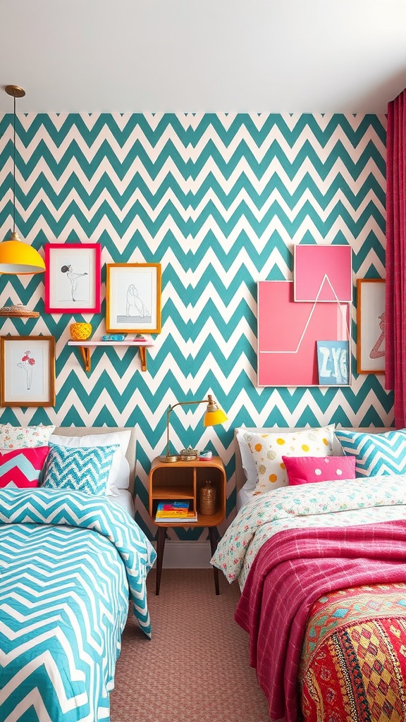 A girl's bedroom featuring a bold geometric accent wall with zigzag patterns in teal and white, two beds with colorful bedding, and framed artwork.