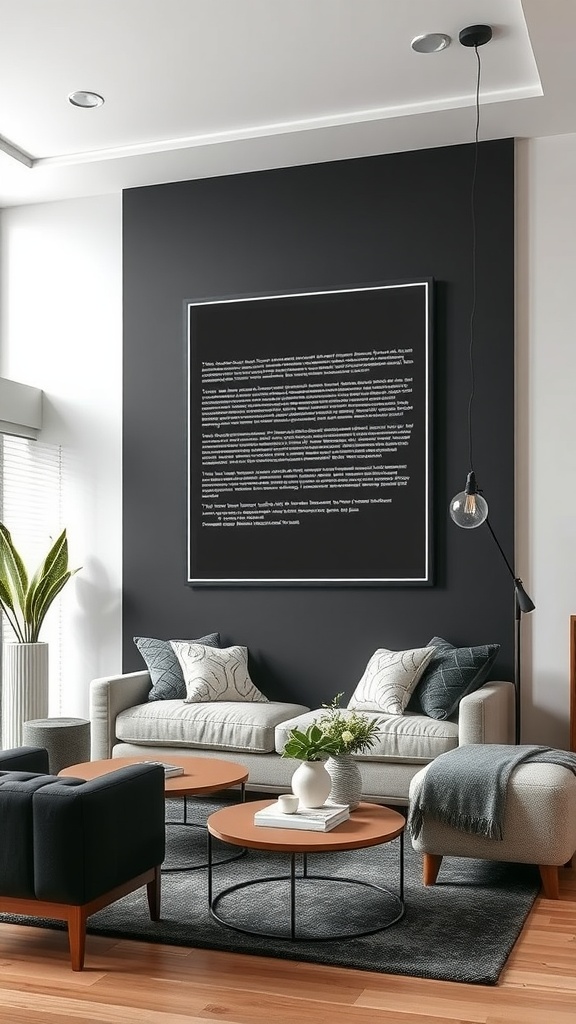 A stylish living room featuring black walls, light sofas, a large art piece with text, and decorative plants.