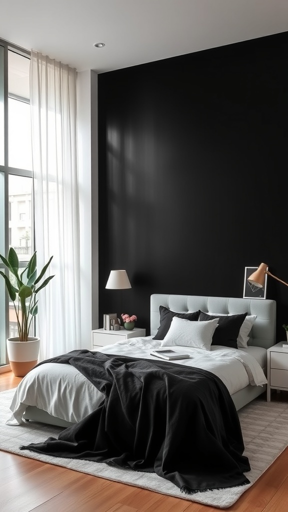 A modern bedroom featuring a bold black accent wall, light-colored bedding, and a green plant.