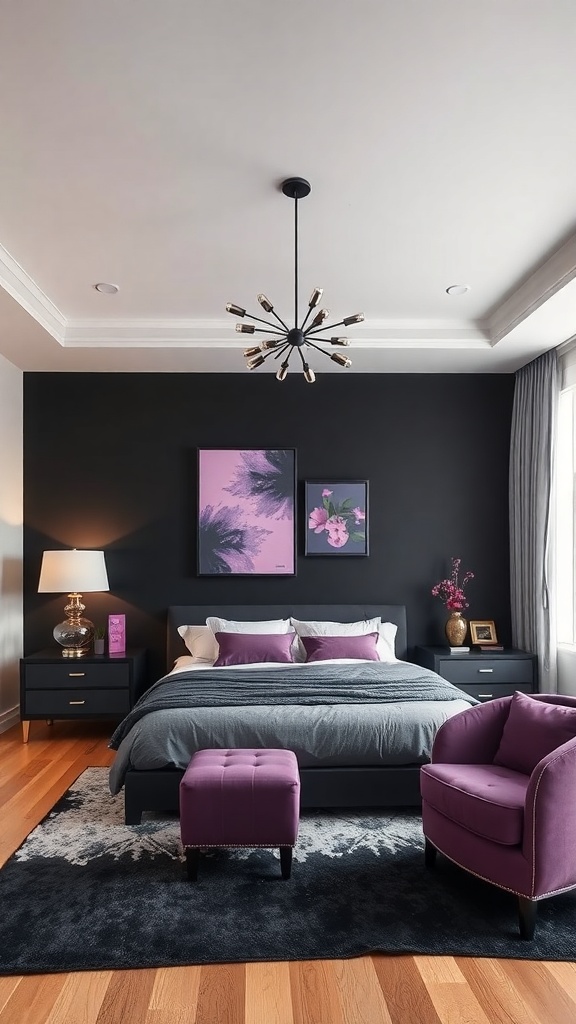 A stylish bedroom featuring a bold black accent wall, gray bedding, and purple accents.
