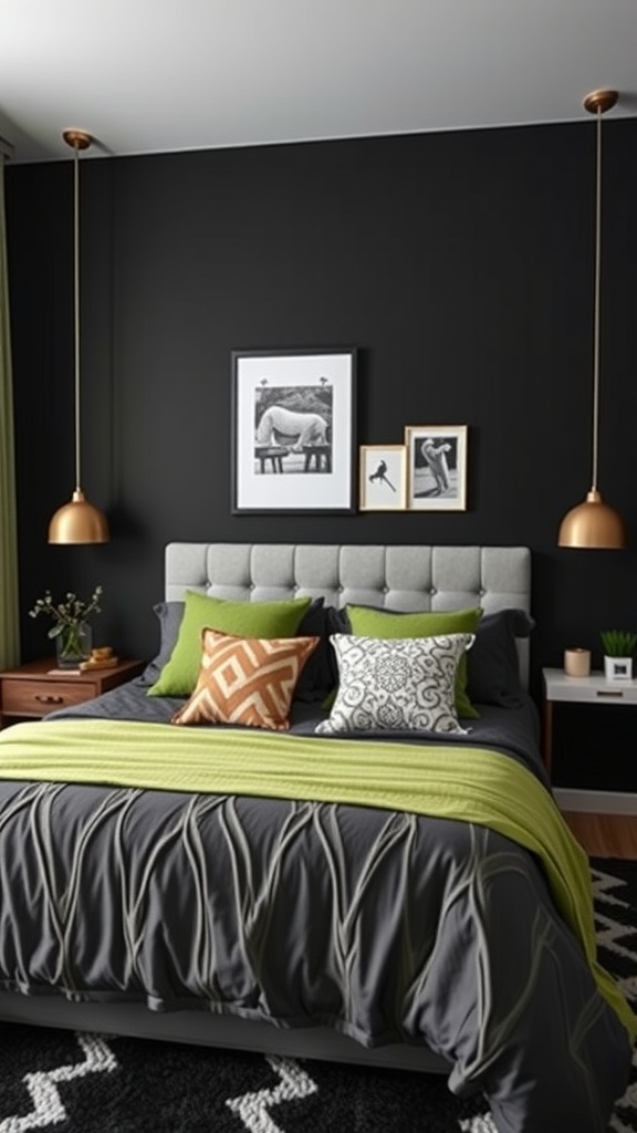 A stylish bedroom featuring a bold black accent wall, green and gray bedding, and warm pendant lights.