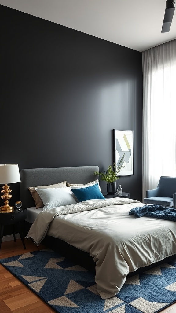 A stylish bedroom featuring a bold black accent wall, light bedding, and blue decor.