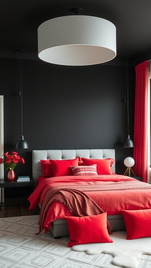 A stylish bedroom featuring a black accent wall with red bedding and decor.