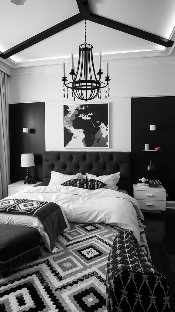 A stylish black and white bedroom featuring a large map artwork, a chandelier, and a patterned rug.