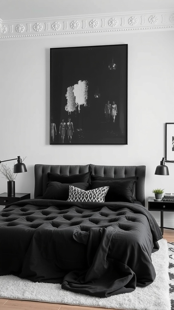 A stylish black bedroom featuring a tufted black bed, layered bedding, and bold black and white artwork on the wall.
