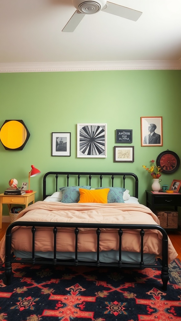 A stylish bedroom featuring a black bedframe, green walls, colorful pillows, and vibrant artwork.