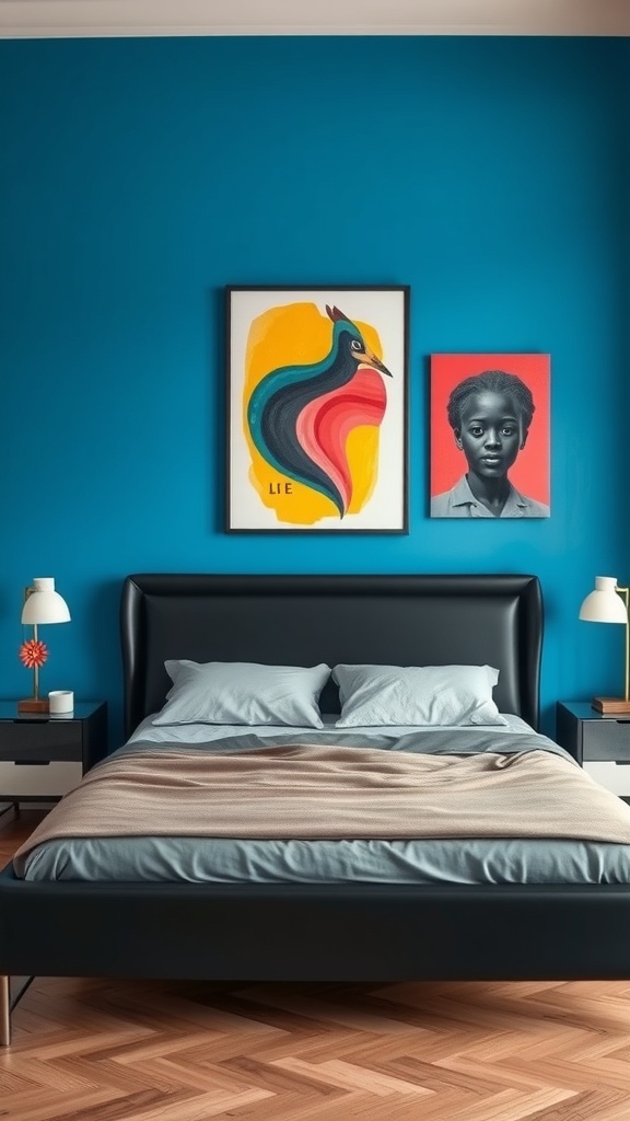 A modern bedroom featuring a black bed frame, bright blue wall, and colorful artwork.