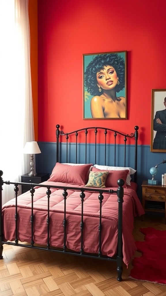 A stylish bedroom featuring a black iron bed frame with a vibrant red wall, soft pink bedding, and colorful artwork.