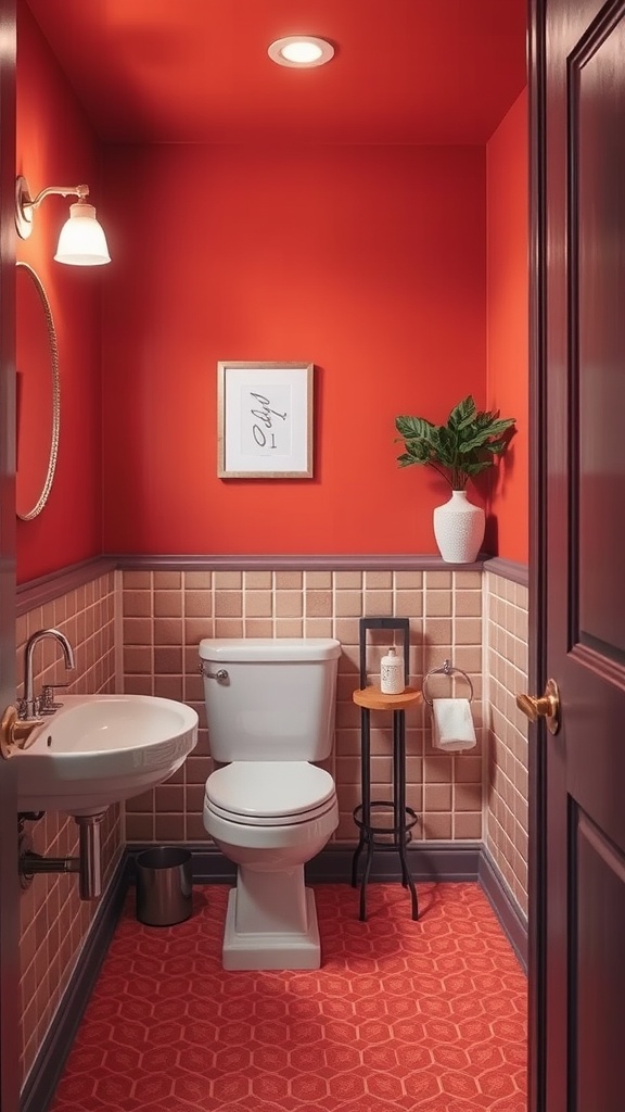 A modern guest bathroom with a bold red wall, beige tiled accents, and stylish decor.