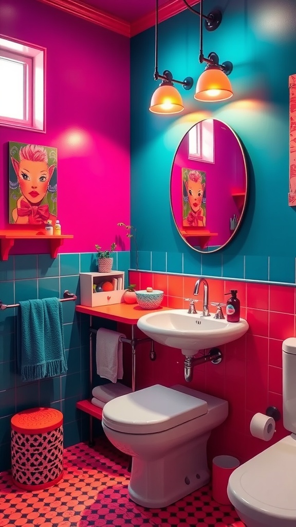 A colorful bathroom with bright walls, a pink sink, and playful decor