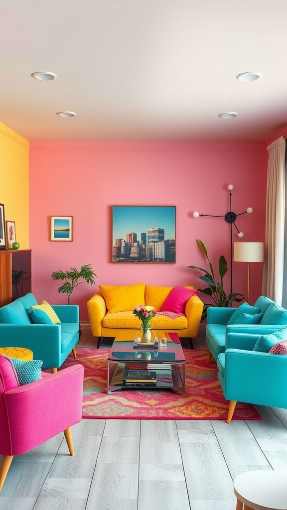 A vibrant 90s living room featuring colorful furniture, including a yellow sofa, turquoise chairs, and a pink wall.