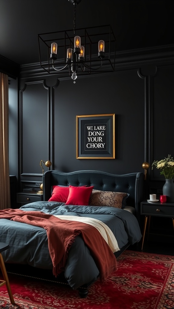 A stylish black bedroom featuring a dark color palette with red and earthy accents.
