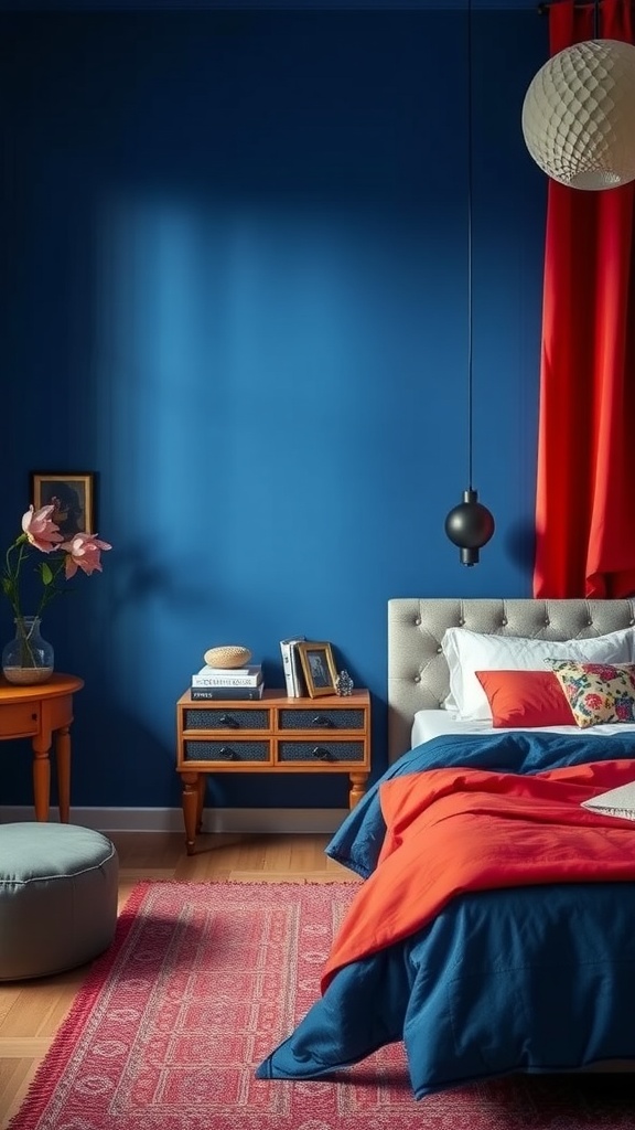 A bedroom with a blue wall, red curtains, and vibrant bedding.
