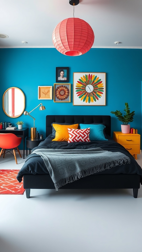 A stylish bedroom featuring a black bed with colorful pillows, a blue wall, and vibrant decor.