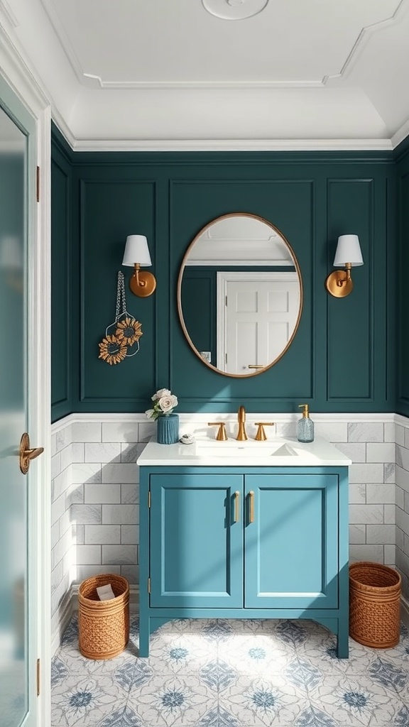 A modern bathroom featuring a teal wall, blue vanity, and gold fixtures.