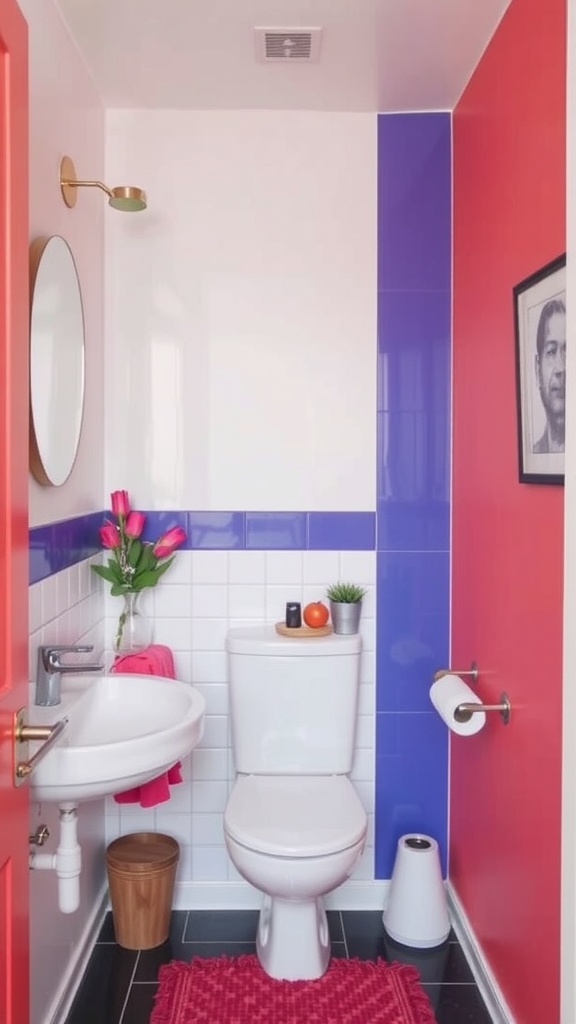 A small modern bathroom featuring bold color accents with red and blue walls, a white toilet, and stylish decor.