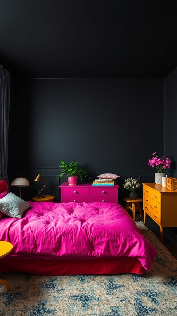A bedroom with black walls featuring a bright pink bedspread, yellow furniture, and decorative plants.