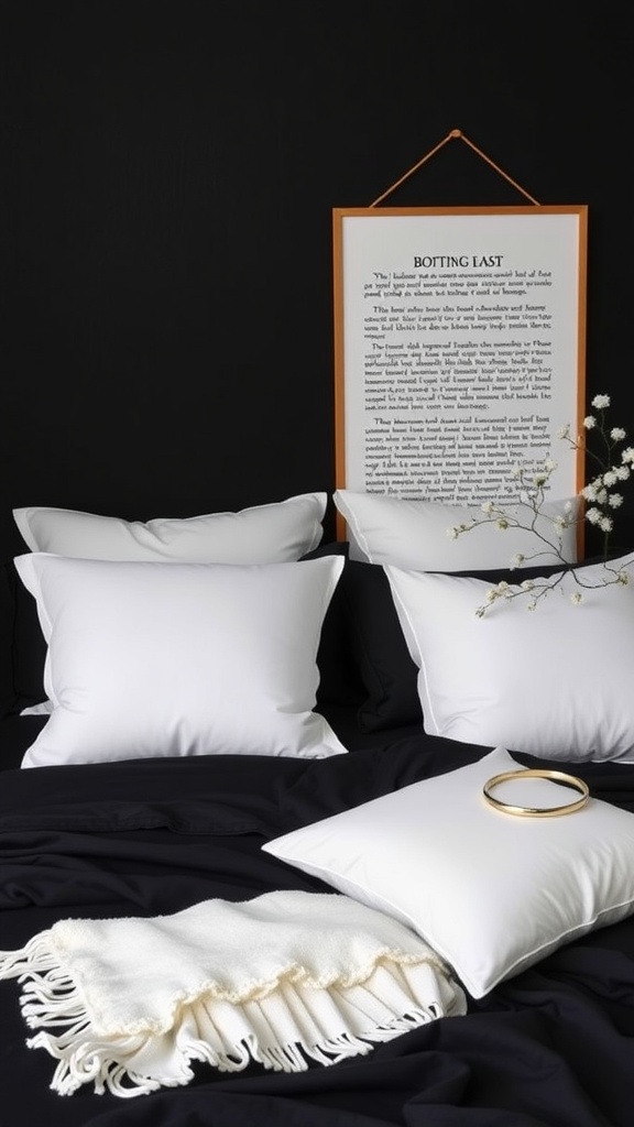 A cozy bedroom featuring black sheets, white pillows, a white throw blanket, and framed art on the wall.