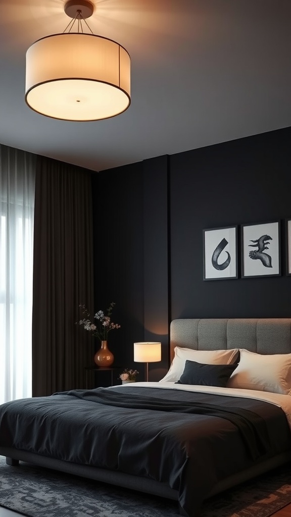 A stylish bedroom featuring a bold dark accent wall, modern light fixture, and elegant decor.
