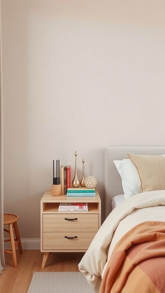A beige bedroom featuring a bedside table with decorative accessories, including books, vases, and a cozy throw.