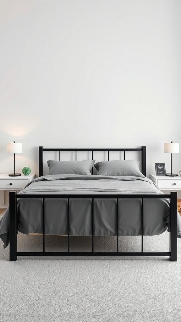 A modern black, white, and grey bedroom featuring a black bed frame with grey bedding and white nightstands.