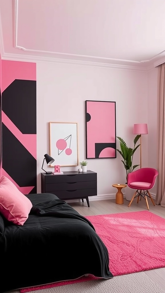 A modern pink and black bedroom featuring bold geometric patterns on the walls and decor.