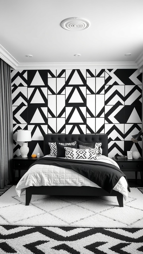 A modern black and white bedroom featuring bold geometric patterns on the wall and bedding.