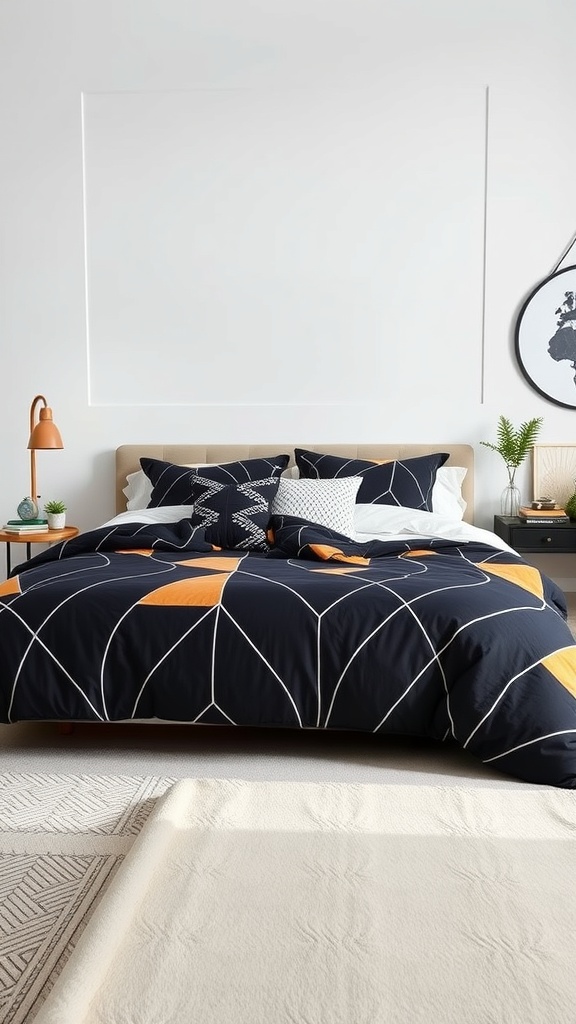 A stylish bedroom featuring a black comforter with bold geometric patterns in navy and orange.