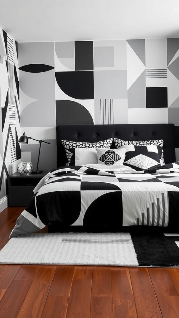 A modern bedroom featuring bold geometric patterns in grey and black.