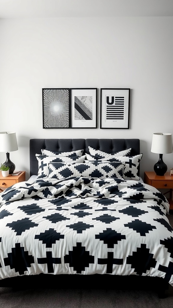 A modern black and white bedroom featuring bold geometric shapes in the bedding and wall art.