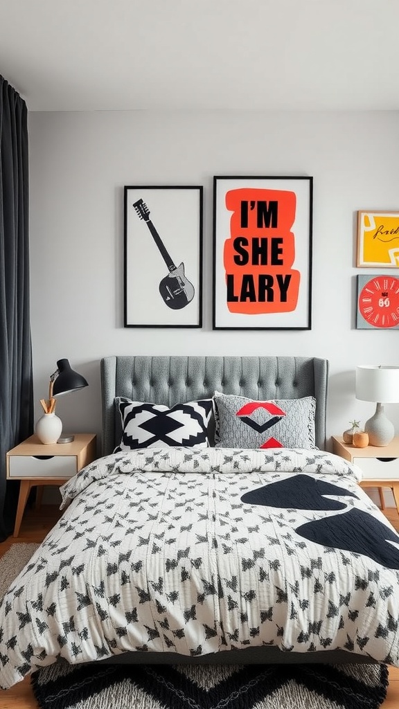 A stylish teen bedroom featuring bold graphic patterns with a guitar print and a humorous quote on the wall.