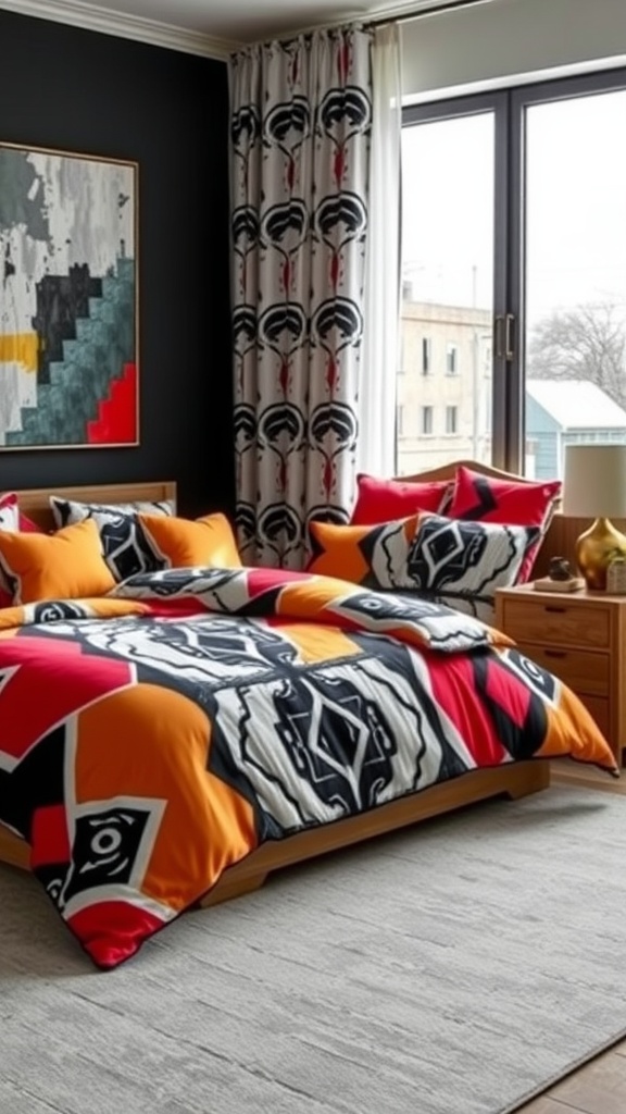 A teen bedroom featuring bold graphic patterns in bedding and curtains, showcasing vibrant colors and geometric designs.