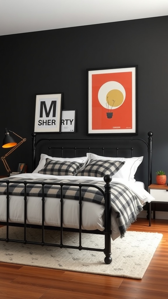 A stylish bedroom featuring a black iron bed frame, bold graphic prints on the wall, and a cozy plaid throw.