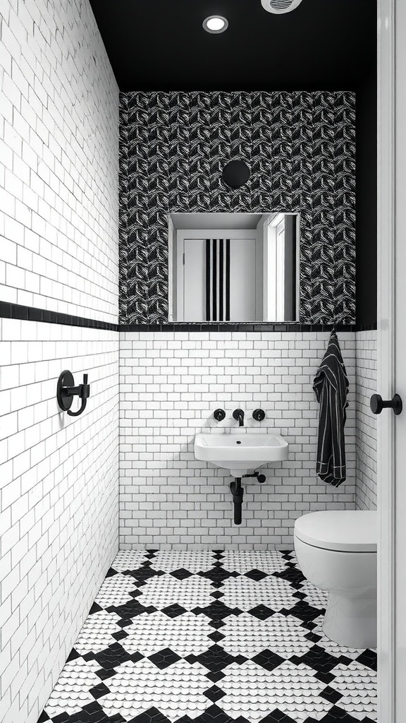 A bold monochrome bathroom featuring white subway tiles, black patterned floor tiles, and a black ceiling.