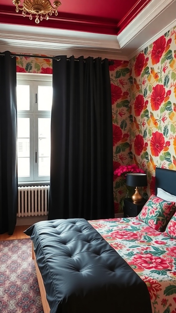 A bedroom featuring black curtains, vibrant floral wallpaper, and a stylish bed.